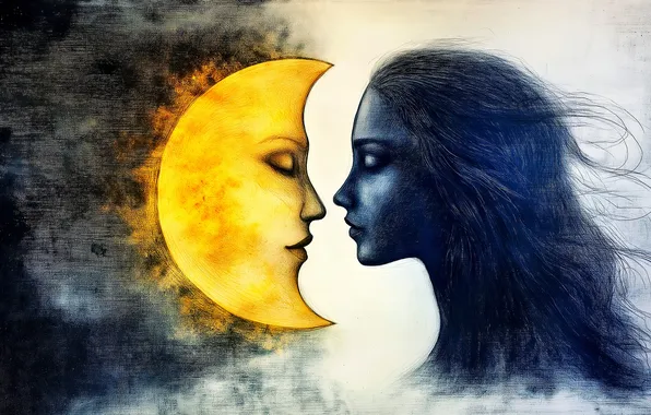 Girl, night, face, the moon, a month, profile, imitation painting, AI art