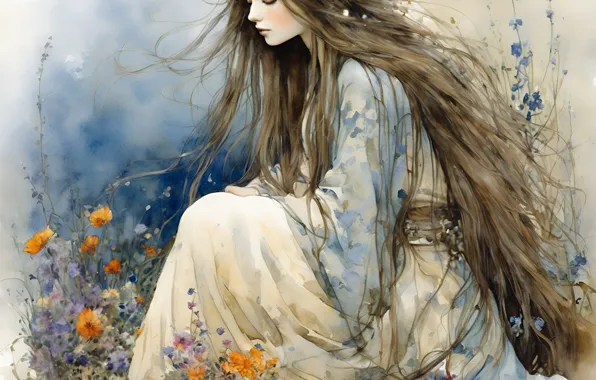 Girl, flowers, painting, sitting, wreath, nymph, imitation painting, AI art
