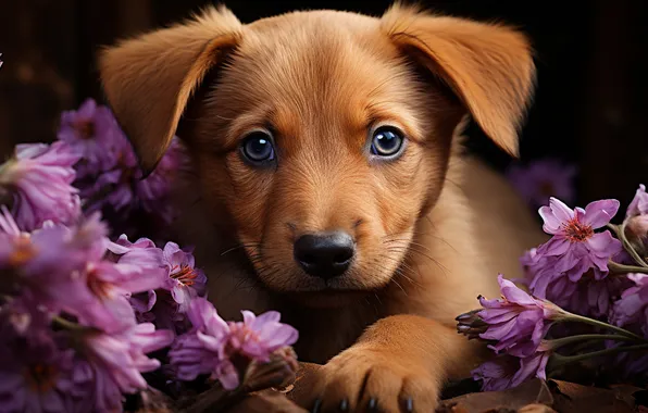 Look, flowers, paw, portrait, dog, bouquet, red, puppy