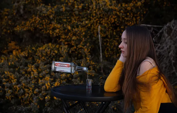 Girl, bottle, stack, vodka, Lichon, booze