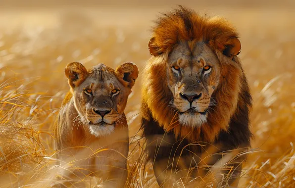 Grass, Look, Lioness, Two, Lions, Digital art, Big Cats, AI art