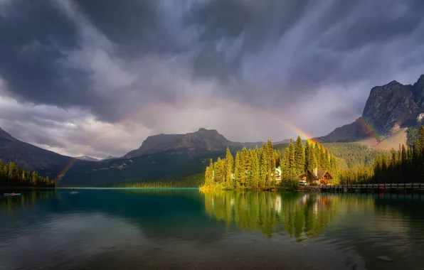 Forest, clouds, light, mountains, clouds, lake, rocks, shore