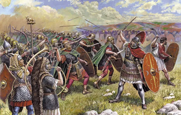 Attack, figure, Rome, the battle, swords, arrows, musician, shields