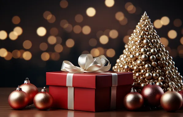 Balls, lights, box, gift, Shine, Christmas, gifts, New year