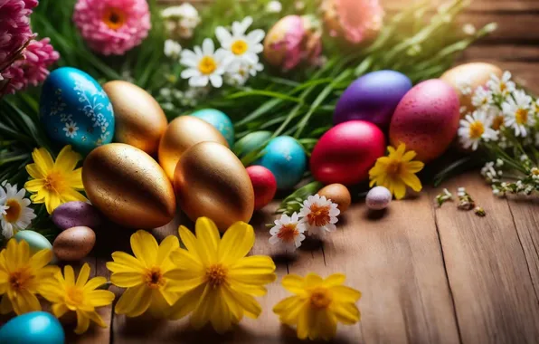 Flowers, eggs, spring, colorful, Easter, happy, flowers, spring