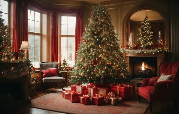 Decoration, room, balls, tree, interior, New Year, Christmas, gifts