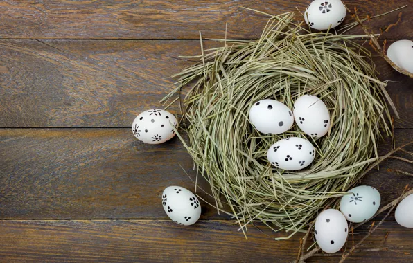 Eggs, spring, Easter, hay, wood, flowers, spring, Easter
