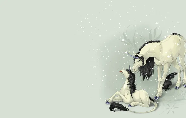 Picture fantasy, baby, art, unicorn, children's, the first snow