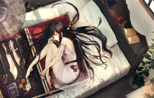 Picture girl, weapons, bed, sword, art, suitcase, knives, the view from the top