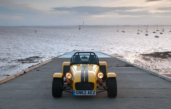 Picture the sky, Sea, Auto, Pier, Yellow, Caterham, The front, Supersport R