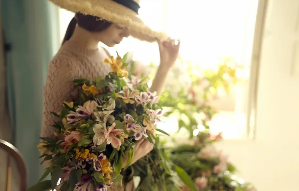 Girl, flowers, background