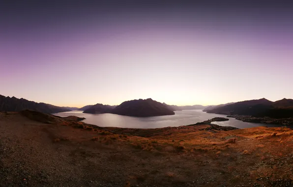 Sunset, mountains, river, rocks, hills, panorama