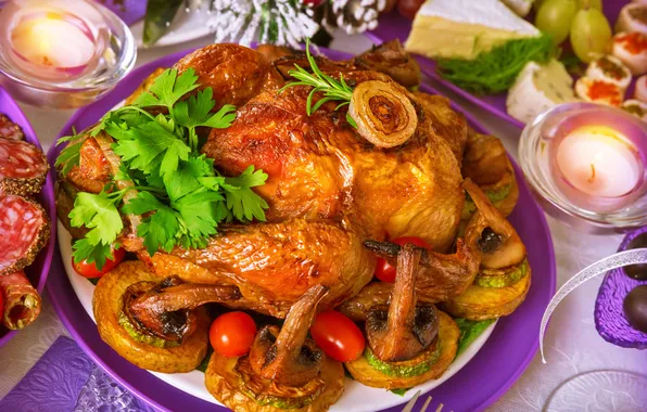 Holiday, mushrooms, chicken, candles, parsley, fried, garnish, fried chicken