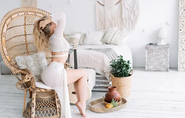 Flower, bed, skirt, chair, blonde, pitcher, legs, waist