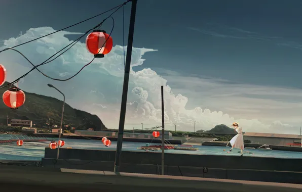 Girl, home, ships, lanterns