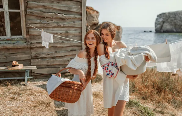 Picture smile, girls, basket, freckles, house, linen, red, Kate