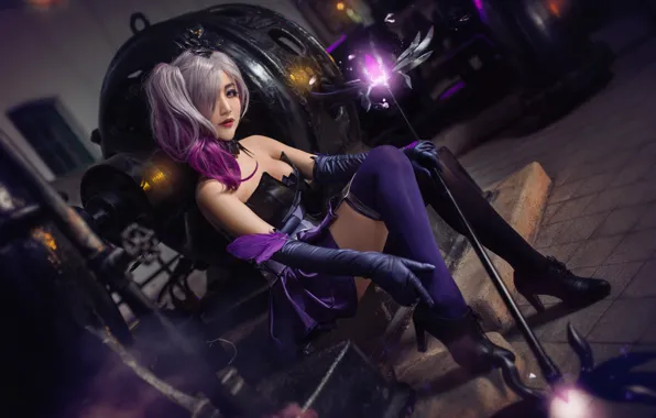 Picture purple, chest, look, girl, lights, pose, style, weapons
