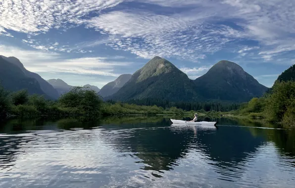 Girl, mountains, lake, shore, boat, swimming