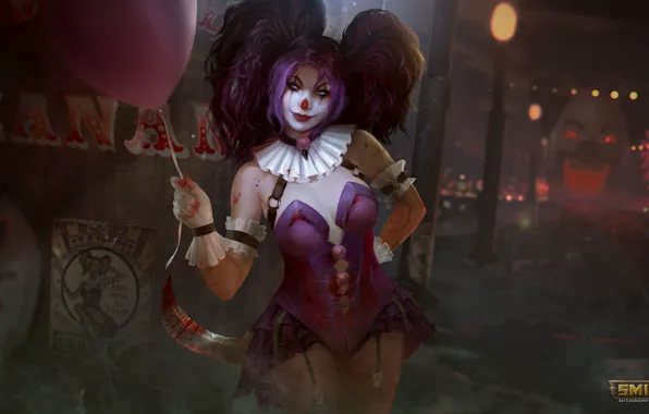 Picture girl, clown, a balloon, Smite, Izanami
