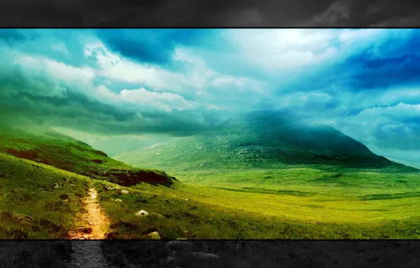 Picture greens, grass, clouds, landscape, mountains, nature, style, widescreen