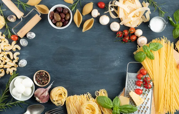 Greens, mushrooms, tomatoes, mushrooms, pasta, cuts, grater