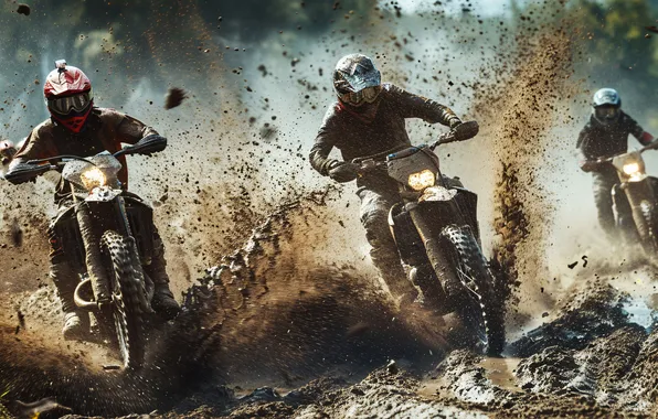 Dirt, Squirt, Men, Three, Digital art, Motorcycles, Athletes, Motorsport