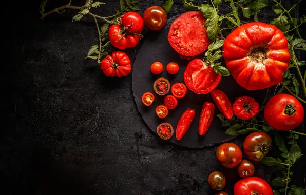 Leaves, the dark background, red, black background, vegetables, tomatoes, different, tomatoes