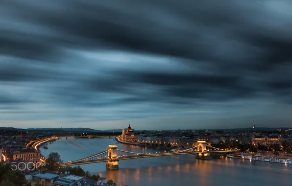 Bridge, lights, the evening, Budapest