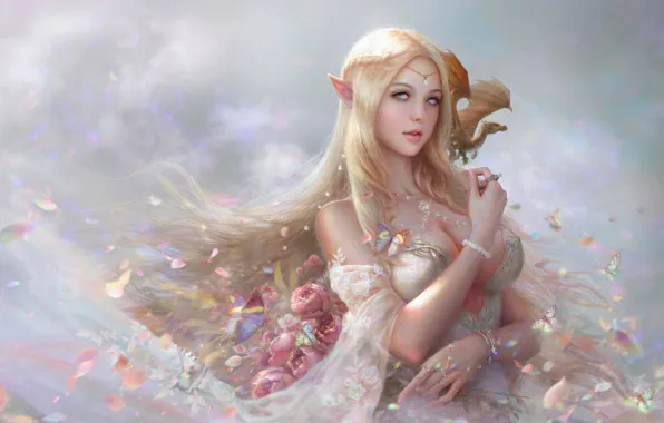 Girl, elf, art, dragon, ruoxin zhang, fantasy