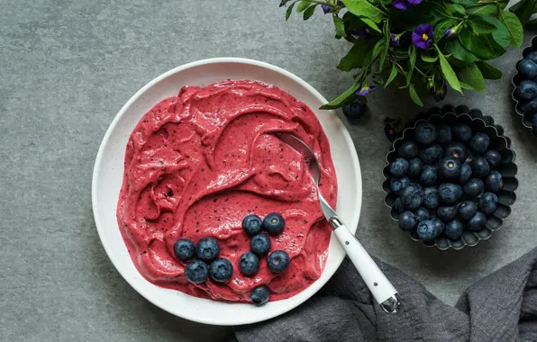Flowers, berries, table, food, blueberries, spoon, bowl, grey background