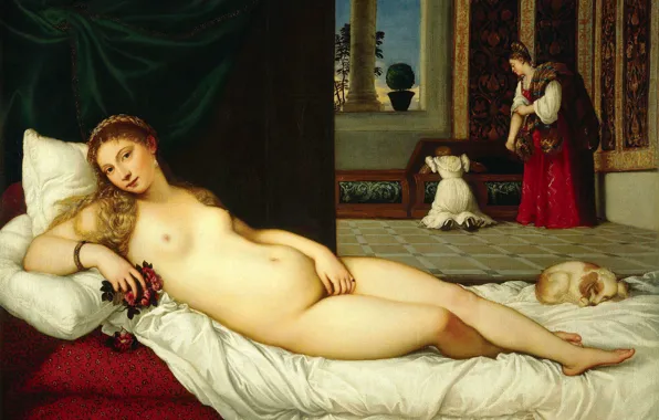 Flowers, interior, dog, Venus of Urbino, Titia in, Titian, Venus Of Urbino