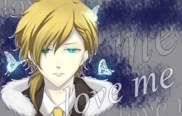 Butterfly, portrait, guy, Vocaloid, Vocaloid, Kagamine Len