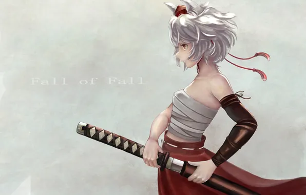 Picture girl, weapons, sword, ears, touhou, art, bandages, inubashiri momiji