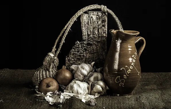 Food, bow, pitcher, still life, burlap, garlic