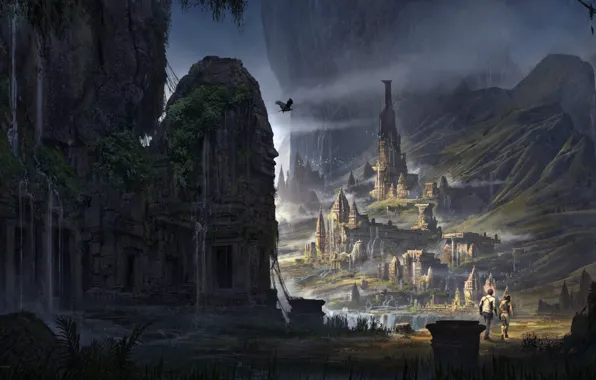 Mountains, the city, people, bird, temple, temple mountain, cite perdue