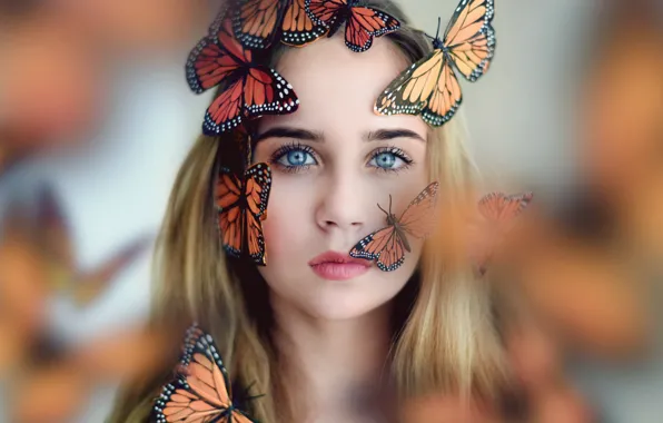 Picture look, girl, butterfly, mood, the situation, blue eyes, bokeh