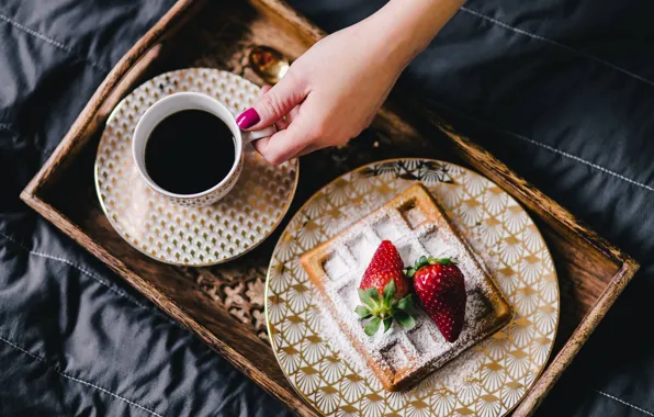Girl, berries, the dark background, coffee, hand, Breakfast, morning, blanket