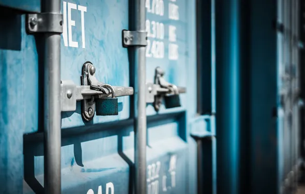 Metal, blue, lock, maritime container