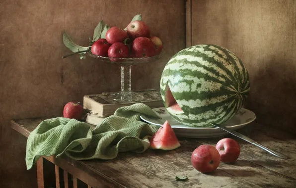 Table, apples, books, towel, watermelon, slice, plate, red