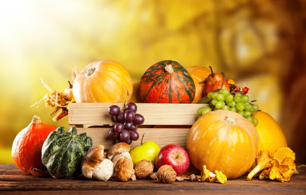 Picture autumn, apples, mushrooms, harvest, grapes, pumpkin, fruit, nuts