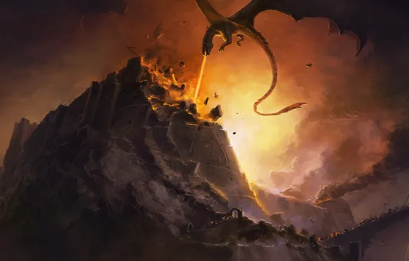 Picture fire, dragon, destruction, fire, battle, fortress, John Ronald Reuel Tolkien, dragon