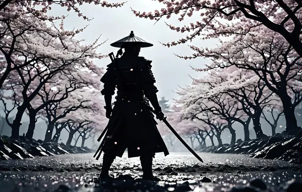 Picture sword, trees, flowers, cherry blossom, samurai, branch, standing, looking away