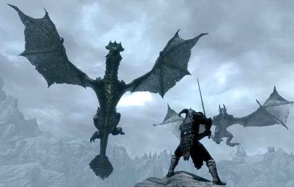 Picture rock, dragons, sword, warrior, helmet, Skyrim, The Elder Scrolls V