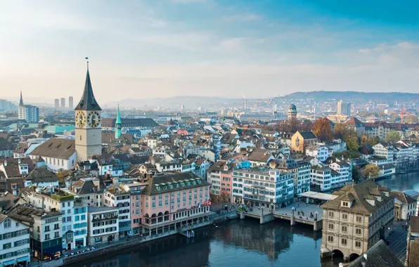 Lake, tower, home, Switzerland, panorama, Zurich
