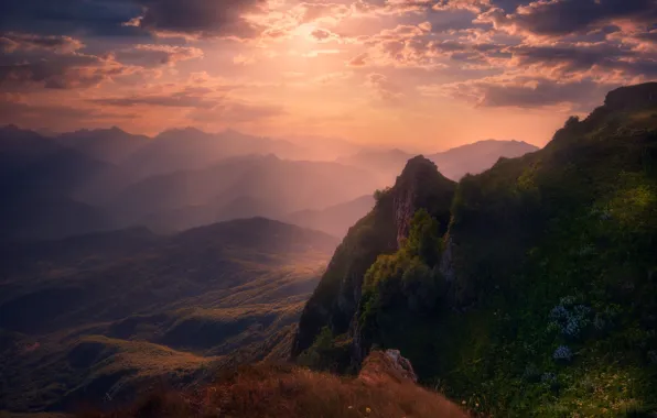 The sky, clouds, sunset, mountains, valley, verbal
