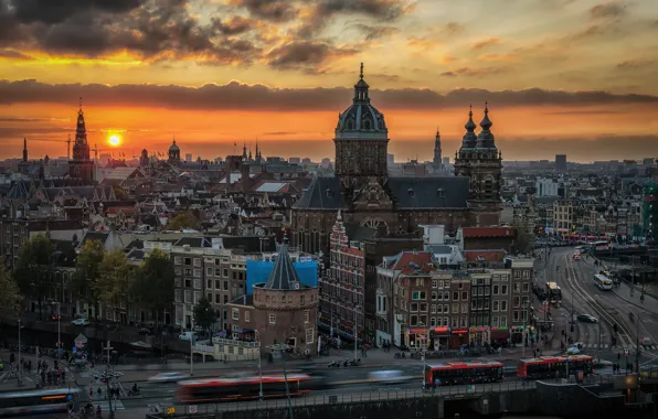 Picture road, sunset, machine, building, home, Amsterdam, Netherlands, buses