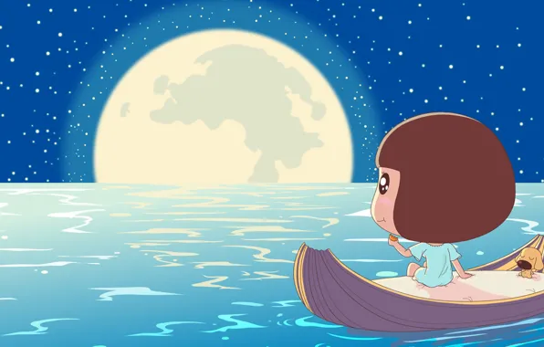 Night, river, the moon, boat, stars, art, girl, dog