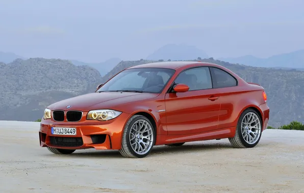 Picture BMW, Wheel, Machine, Boomer, Orange, The hood, 1 series, Side view
