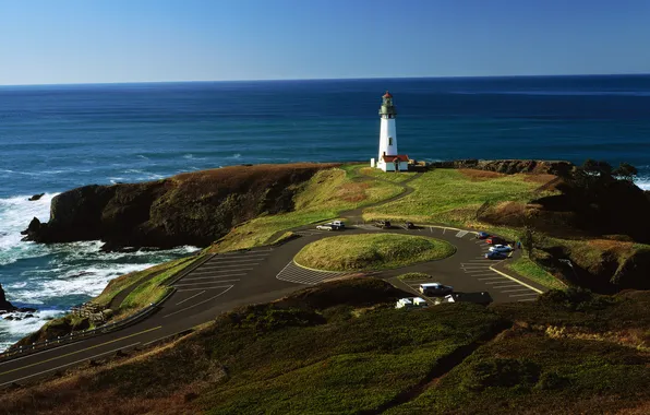 Road, sea, shore, lighthouse, Oregon, panorama, North America