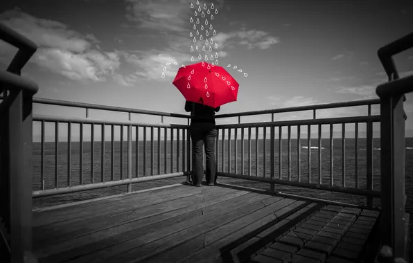 Picture sea, drops, pier, red umbrella